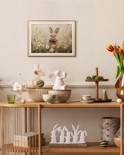InSimSea Framed Canvas Wall Art Funny Easter Bunny Prints Wall Decor Cute Rabbit in Wildflowers Aesthetic Room Décor Floral Spring Artwork for Kids Room, Living Room, Bedroom or Festive Spaces 12x16In