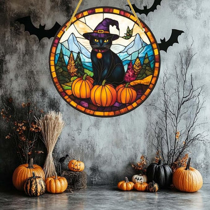 Acrylic Window Hanging Black Cat Pumpkins Stained Panel Window Decoration for Halloween Decorations Outdoor Indoor Garden Yard Home Halloween Decor 12 Inch