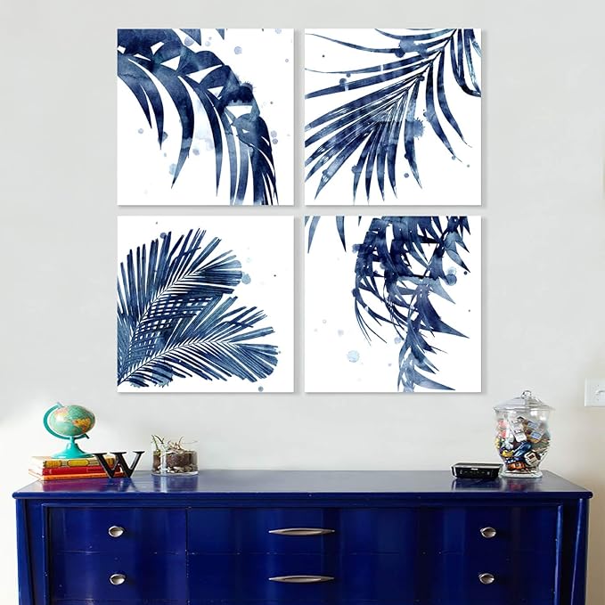 ARTISTIC PATH Watercolor Botanical Canvas Wall Art - Palm Leaves Picture Leaf Painting Prints Blue Plant Artwork for Bedroom Bathroom