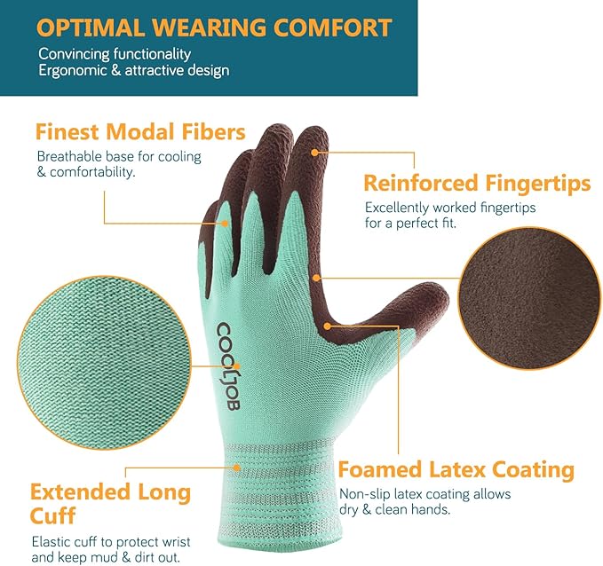 COOLJOB 2 Pairs Breathable Gardening Gloves for Women Extra Small, Stretch Soft Modal Base with Non Slip Rubber Coating, Palm Dipped Grip Work for Gardener Worker in Lawn Yard Factory Garden