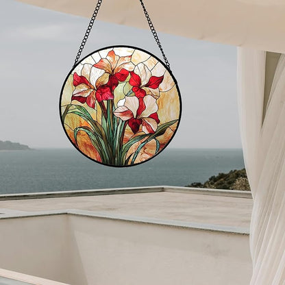 Stained Glass Window Hanging - Red Gladiolus Flower Suncatcher for Door Yard Sun Catchers Decor Christmas Mother's Day Birthday Gifts for Lovers Women Mom Nana Girlfriend Wife 6.3 in