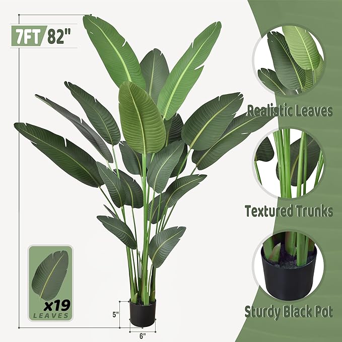 Artificial Bird of Paradise Tree 7FT with 19 Leaves Realistic Thick Banana Leaf Tall Large Faux Tropical Plant 82 Inch Black Pot for Indoor Home Office Poolside Porch Mall Hotel School Decor