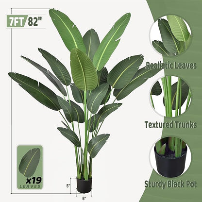Artificial Bird of Paradise Tree 7FT with 19 Leaves Realistic Thick Banana Leaf Tall Large Faux Tropical Plant 82 Inch Black Pot for Indoor Home Office Poolside Porch Mall Hotel School Decor