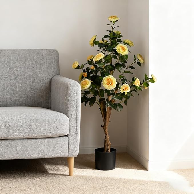 4ft Decorative Artificial Camellia Tree with Yellow Flowers, Potted Faux Floral Plant, Realistic Blooming Fake Plants for Indoor Outdoor Home Front Door Planter Decor