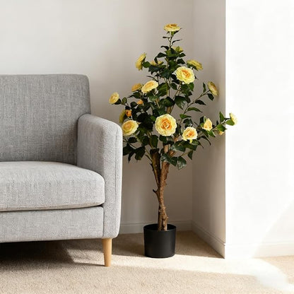 4ft Decorative Artificial Camellia Tree with Yellow Flowers, Potted Faux Floral Plant, Realistic Blooming Fake Plants for Indoor Outdoor Home Front Door Planter Decor