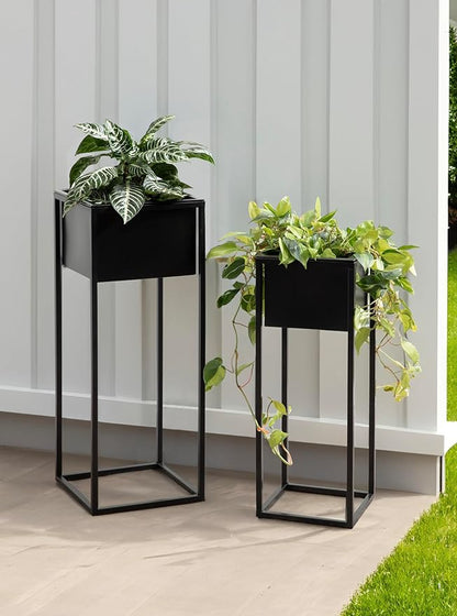 Kate and Laurel Palade Modern Two-Piece Metal Outdoor Planter Set; 2 Piece Set; Black; Metal Indoor or Outdoor Planters with Geometric Base for Patio Plant Decor