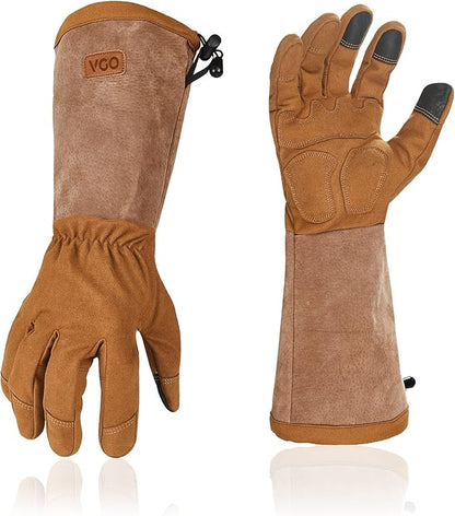 Vgo... Men's Extra-Long Leather Gardening Gloves, Gauntlet with Adjustable Cuff, Puncture & Thorn Proof, Touchscreen (SL6592)