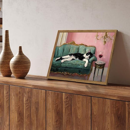 Fun Cat Wall Art Cute Tuxedo Cat With Red Wine Wall Decor Whimsical Animal Cocktail Bar Cart Canvas Poster Quirky Pet Lover Picture Print for Dining Room Living Room Wood Framed 16x24 inch