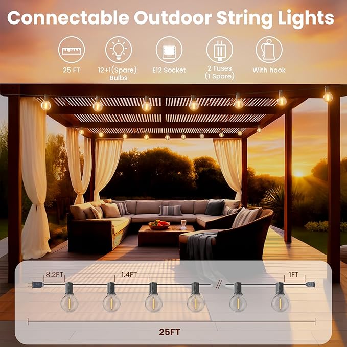 RTTY Outdoor String Lights 25ft, G40 Led Patio Lights with 13pcs Bulbs,Waterproof Shatterproof Dimmable Connectable Hanging Globe Outdoor Lights for Cafe Bistro Backyard Gazebo Balcony Party, Black
