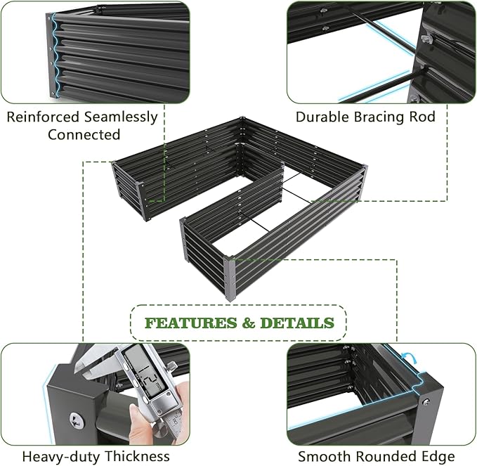 A ANLEOLIFE U-Shaped Outdoor Galvanized Raised Garden Bed, 6x6x1.5ft, Center-Access Bottomless Planter Box, 22-Gauge Corrugated Metal, Reinforced Bracing Rods, Quartz Grey