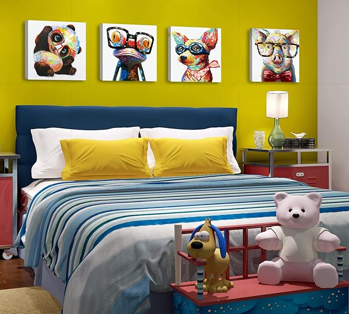 Colorful Cartoon Animal Wall Art Canvas Print Funny Cute Panda Frog Pig Pictures for Kids Bedroom Nursery Decor Artwork Framed 12''X12''X4