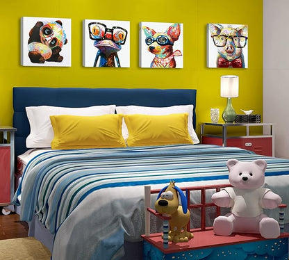 Colorful Cartoon Animal Wall Art Canvas Print Funny Cute Panda Frog Pig Pictures for Kids Bedroom Nursery Decor Artwork Framed 12''X12''X4