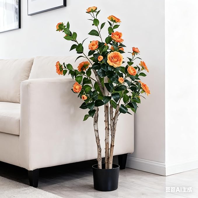 2pc 4ft Decorative Artificial Camellia Tree with Orange Flowers, Potted Faux Floral Plant, Realistic Blooming Fake Plants for Indoor Outdoor Home Front Door Planter Decor