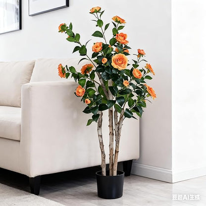 2pc 4ft Decorative Artificial Camellia Tree with Orange Flowers, Potted Faux Floral Plant, Realistic Blooming Fake Plants for Indoor Outdoor Home Front Door Planter Decor