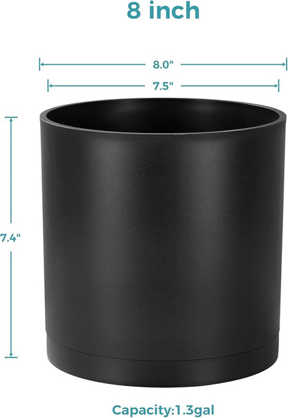 FaithLand 8-Inch Modern Cylinder Planter, Thick-Walled Plastic Plant Pot with Drainage Holes and Detachable Saucer, Matte Black, Ideal for Indoor & Outdoor Plants Flowers