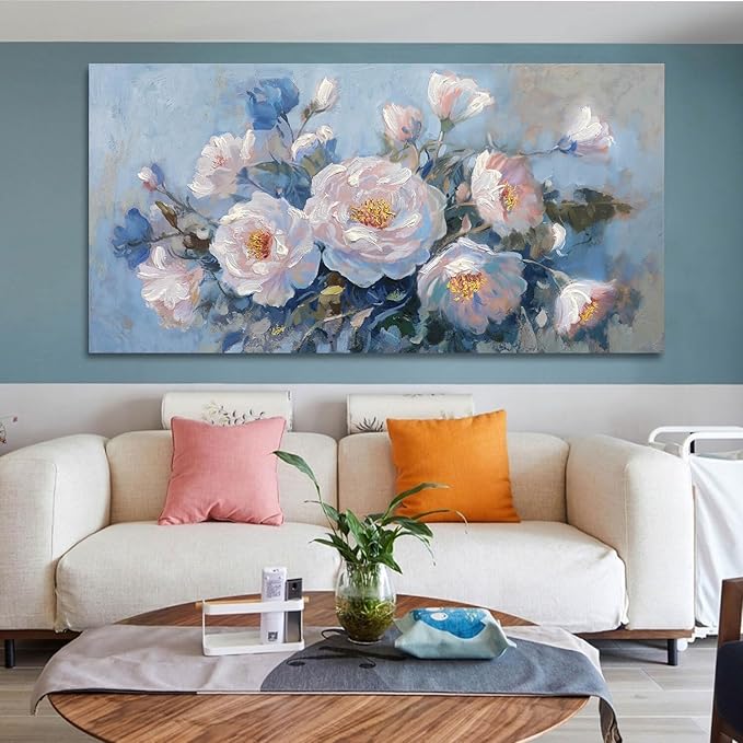 Enartly Flower Wall Art Pink Large Living Room Bedroom Wall Decor Canvas Floral Painting Bloosom Picture Textured Retro Artwork Framed for Bathroom Kitchen Spa Home Office Wall Decoration, 40"x20"