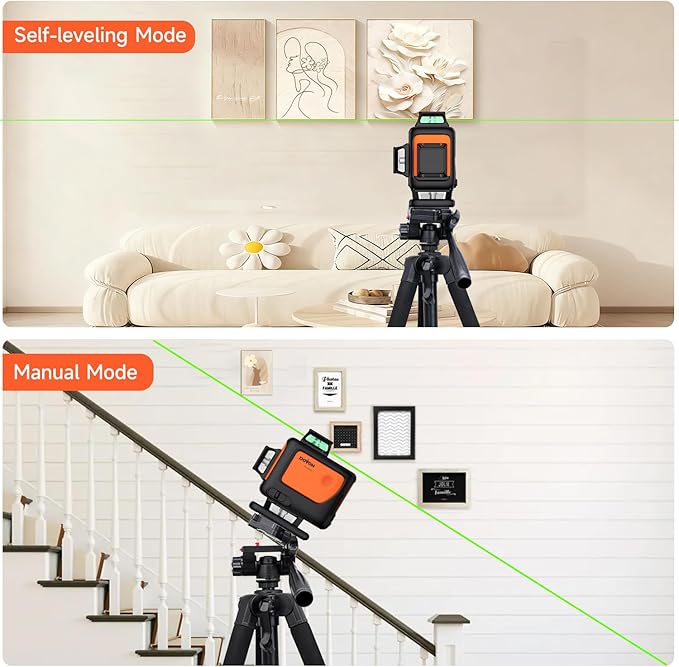 4D Laser Level with Tripod : Dual Batteries Laser Level 360 Self Leveling Green Hard Toolbox for Construction Floor Tiling Ceiling, Class Ⅱ, Y4-360G-KIT