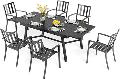 PHI VILLA 7 Pieces Outdoor Dining Set for 6, 84" Long Expandable Metal Table & Stackable Wrought Iron Chairs, Large Furniture Set for Patio, Deck, Yard, Porch - Black