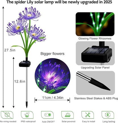 Solar Garden Flower Lights Outdoor,4 Pack 12-Head Purple Spider Lily Waterproof with Glowing Stems,Elegant Yard,Patio & Law Decor,Ideal Halloween & Gardening Gifts for Women,Mothers & Grandma