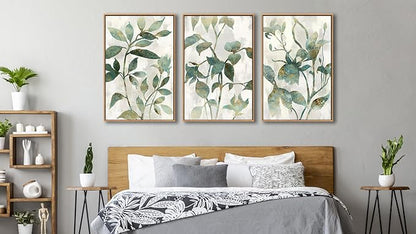 Large Framed Canvas Wall Art - Natural Float Framed Rustic Green Flowers Leaves Pictures Paintings White Grey Artwork Decor for Bedroom Living Room Kitchen Home Office Decoration 96" X 48" Set of 3