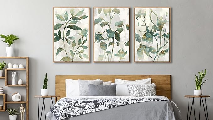 Large Framed Canvas Wall Art - Natural Float Framed Rustic Green Flowers Leaves Pictures Paintings White Grey Artwork Decor for Bedroom Living Room Kitchen Home Office Decoration 48" X 24" Set of 3