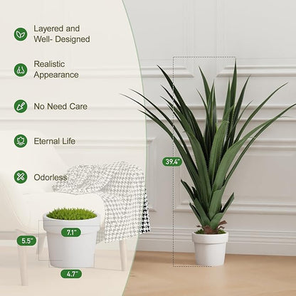 39.4 Inch Artificial Agave Plant, Realistic Faux Spiked Agave Tree with Lifelike Leaves and Moss in White Pot, Indoor Outdoor Floor Plant for Home Office Patio Porch Decor(1pack-3.2ft