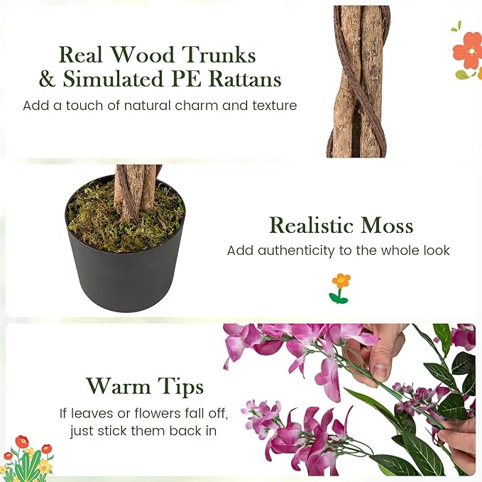 Goplus 5.5FT Ficus Artificial Tree, Faux Wisteria Tree in Nursery Pot with Blooming Flowers, Fake Potted Tree Greenery Floor Plant for Indoor Home Office Porch Living Room Decor