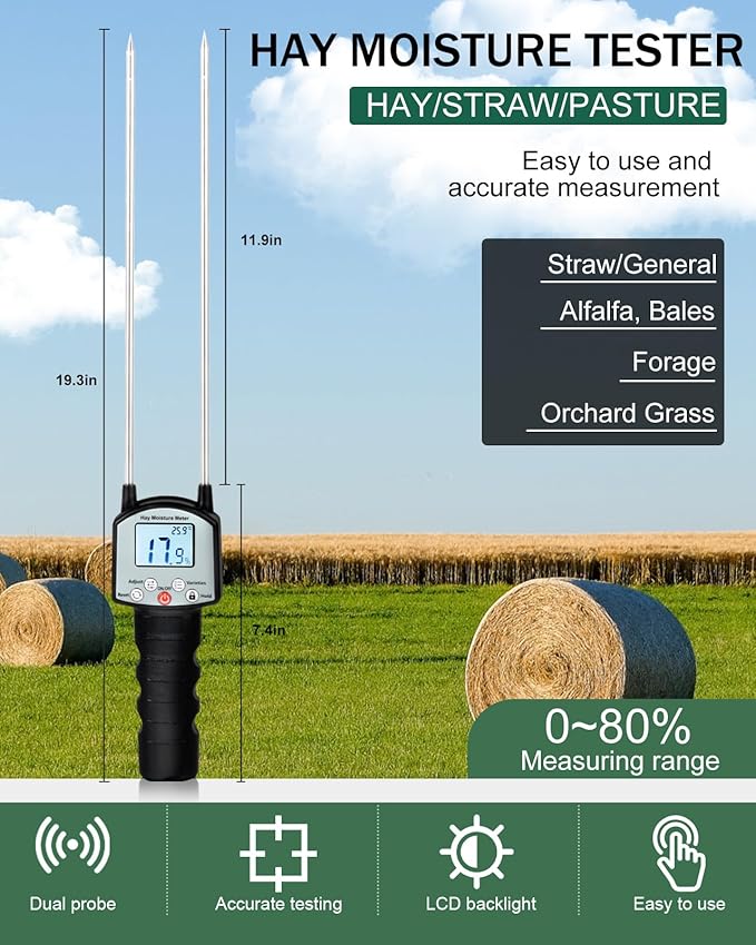 Hay Moisture Tester, Portable Hay Moisture Meter, Hay Bale Moisture Tester with Dual Probe, Forage Moisture Tester with Automatic Temperature Compensation for Alfalfa, Forage, Orchard Grass, Bales