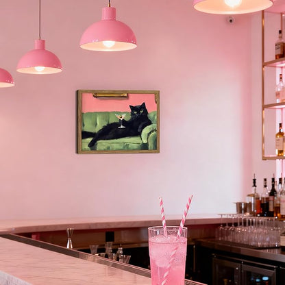 Framed Black Cat with Martini Wall Art Print, Whimsical Cute Cat Decor Paintings, Cocktail Art Bar Cart Decor, Funny Animal Canvas Pictures Aesthetic for Home Living Room Bedroom – 8x10 inch