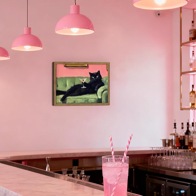 Framed Black Cat with Martini Wall Art Print, Whimsical Cute Cat Decor Paintings, Cocktail Art Bar Cart Decor, Funny Animal Canvas Pictures Aesthetic for Home Living Room Bedroom – 12x16 inch