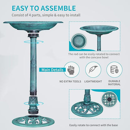 VECELO 28" Pedestal Outdoor Bird Bath with Solar Powered Fountain for Outside, Vintage Bronze Polyresin Lightweight Antique, Yard/Garden Decoration, Green