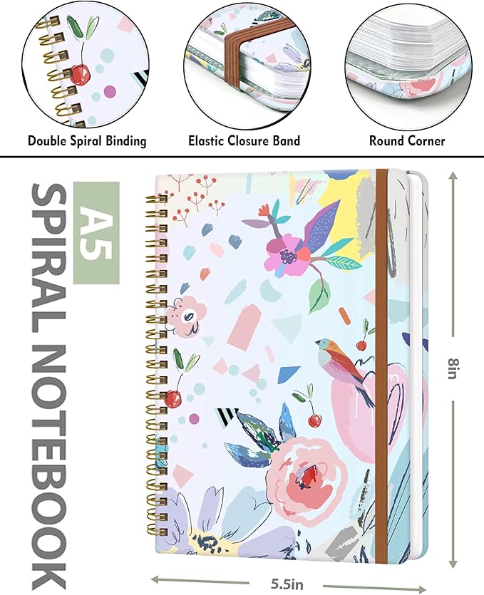 Spiral Journal Notebook for Women, Hardcover A5 College Ruled Notebook, 120 Pages, Thick Paper, Cute Lined Journal for School, Office & Work, 6 x 8.4 in(Artistic Floral)
