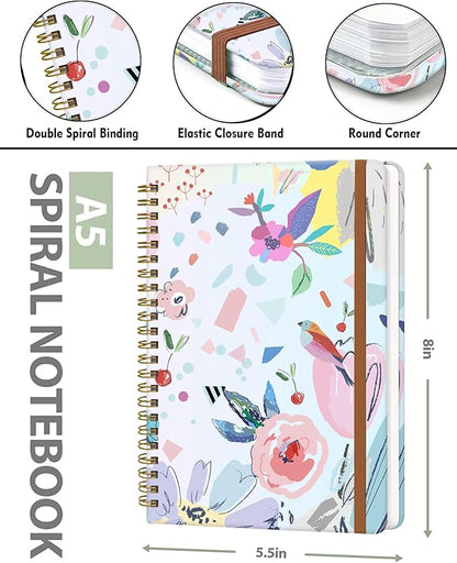 Spiral Journal Notebook for Women, Hardcover A5 College Ruled Notebook, 120 Pages, Thick Paper, Cute Lined Journal for School, Office & Work, 6 x 8.4 in(Artistic Floral)
