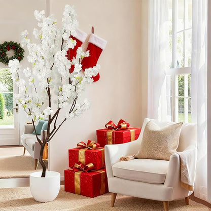 7.2ft Tall Artificial White Cherry Blossom Tree Indoor Decor, Fake Silk Flower Cherry Tree Plant Outdoor, Faux Flowering Tree Christmas New Year Home Decor