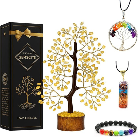 Citrine Crystal Tree with Golden Wire – Handmade Feng Shui Gemstone Bonsai for Wealth & Positivity