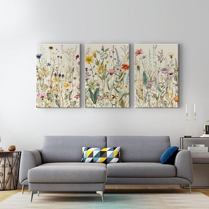 3 Pcs Framed Flowers Canvas Wall Art Watercolor Floral Botanical Prints Wildflower Pictures Wall Decor Colorful Plant Paintings Posters for Bathroom Living Room Bedroom Office Kitchen(12x16in)
