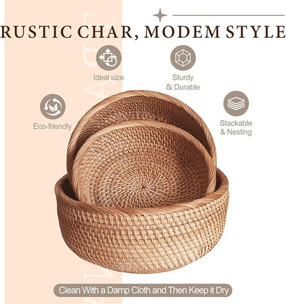 Rattan 10.2" Large Round Bread Basket for Fruit, Natural Wicker Fruit Basket for Kitchen Counter, Hand Woven Food Baskets, Bread Baskets for Serving, Large Wicker Basket for Vegetable, Snack, Candies