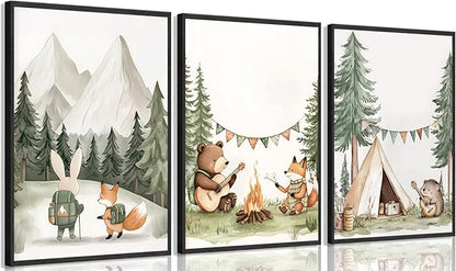 3Pcs Woodland Animal Nursery Wall Art Fox Bear Rabbit Hedgehog Paintings Pictures Safari Wall Decor Poster Prints Forest Animals Camping Campfire Artwork for Boys Kids Girl Room Decoration 16x24