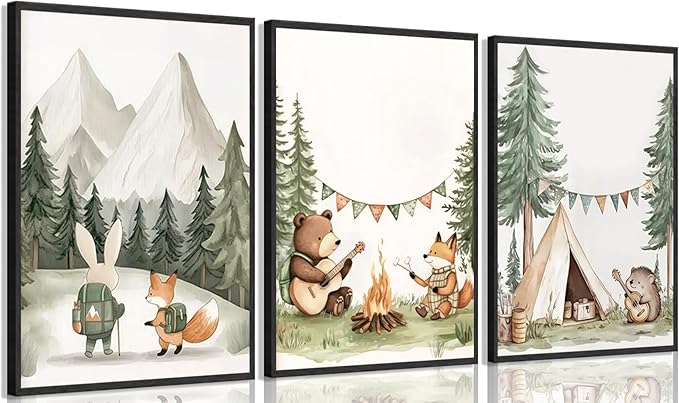 3Pcs Woodland Animal Nursery Wall Art Fox Bear Rabbit Hedgehog Paintings Pictures Safari Wall Decor Poster Prints Forest Animals Camping Campfire Artwork for Boys Kids Girl Room Decoration 12x16