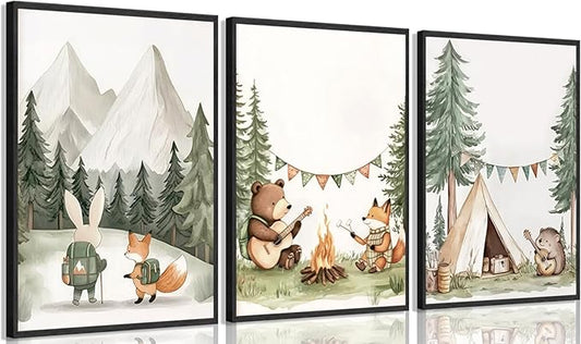 3Pcs Woodland Animal Nursery Wall Art Fox Bear Rabbit Hedgehog Paintings Pictures Safari Wall Decor Poster Prints Forest Animals Camping Campfire Artwork for Boys Kids Girl Room Decoration 12x16