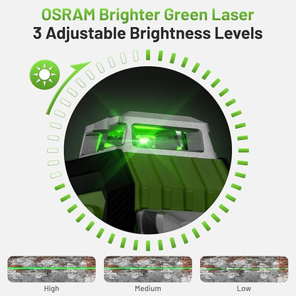 Huepar Laser Level 360 Self Leveling, Rechargeable High Brightness 4x360° Green Cross Line Lazer Leveler Tool for Construction and Picture Hanging, Strong Magnetic Bracket&Hard Carry Case