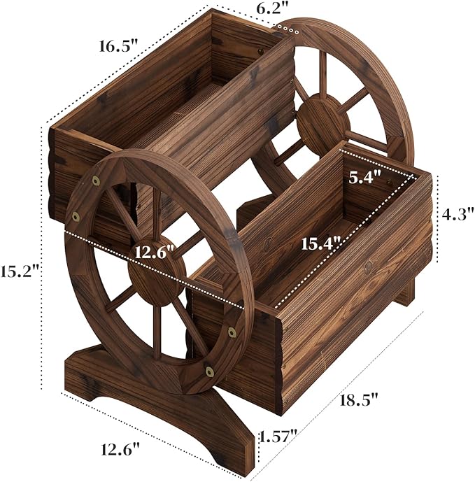 Garden Planter with Wheels, Wooden Wagon Box, Decorative Planter for Flowers Herbs Vegetables for Indoor & Outdoor Décor Flower Cart for Patio Garden Balcony (Carbonized)