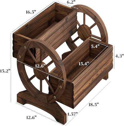 Garden Planter with Wheels, Wooden Wagon Box, Decorative Planter for Flowers Herbs Vegetables for Indoor & Outdoor Décor Flower Cart for Patio Garden Balcony (Carbonized)