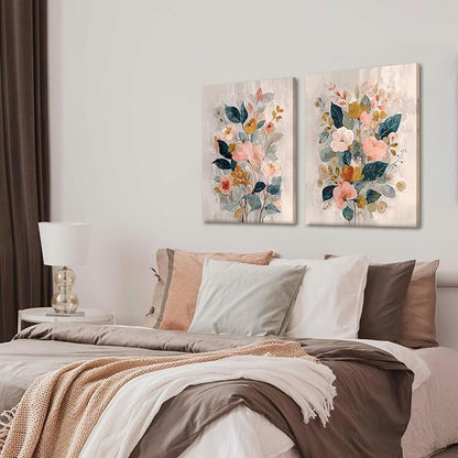 RUMSICH 2 Pcs Watercolor Floral Canvas Wall Art Colorful Wildflowers Print Posters Bohemian Botanical Wall Decor Modern Minimalist Flower Paintings Artwork Pictures Living Room Bedroom 12x16 Inch