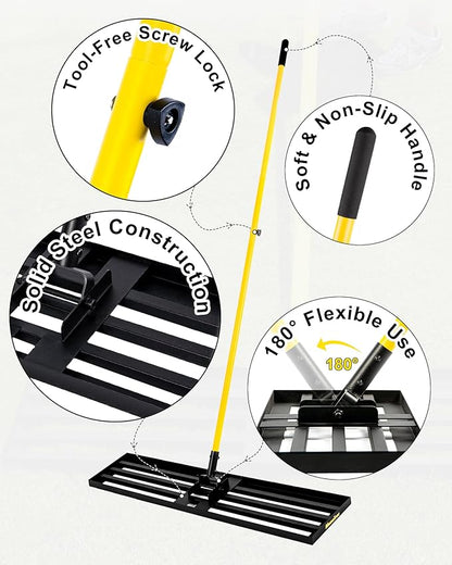 Lawn Leveling Rake, 30"x10" Heavy Duty Sand Leveling Tool with 7FT Long Handle, Steel Golf Rake for Soil, Compost, Gravel, Lawn Leveler for Yard, Garden, Golf Course, Landscaping Level Tool
