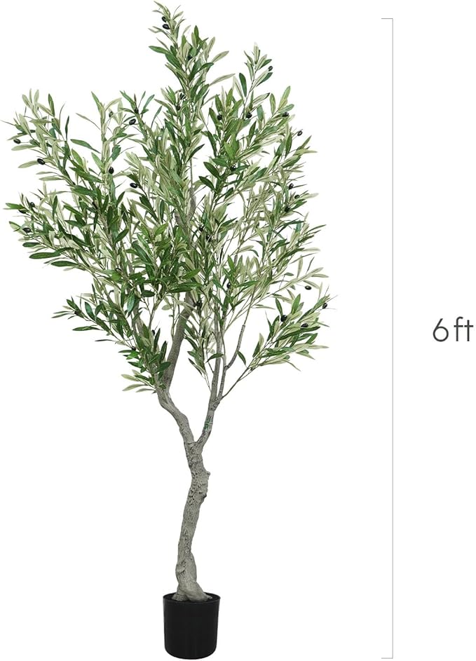 Artificial Olive Tree 6ft - Faux Tree Nearly Natural Indoor Outdoor, UV-Resistant Tall Artificial Plants, Standing Fake Plant Tree, Large Fakeplant for Home Office Living Room Decor
