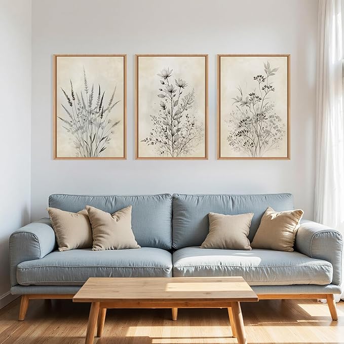 Large Neutral Flower Botanical Framed Canvas Wall Art,Boho Wildflowers Ink Wall Decor,Vintage Bouquet Wall Painting,Nature Artwork for Living Room,Bedroom,Dining Room,Office -24"x36"x3