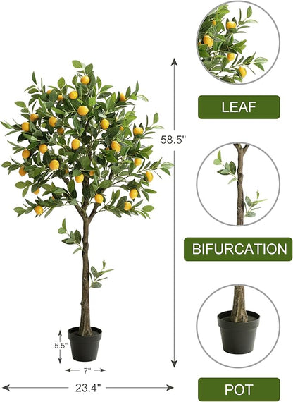 5ft Tall Artificial Lemon Tree with Fake Lemons Floor Plants Artificial for Decor Realistic to Indoor Home Office Fauxe Lemon Tree, Yellow