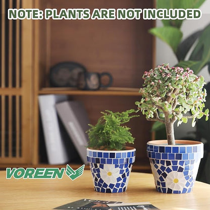VOREEN Mosaic Terracotta Plant Pots, 2 Pack Handmade Glass Mosaic & Clay Flower Pots with Drainage Plug, Decorative Indoor Outdoor Planter Set for Home Decor, Windowsill, Balcony & Patio