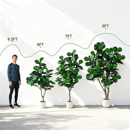 Artificial Fiddle Leaf Fig Tree 7ft with White Planter Realistic Fiddle Leaf Lyrata Plant Tall Fake Tree with Natural-Looking Leaves Fake Tree for Indoor Outdoor Home Office Decor